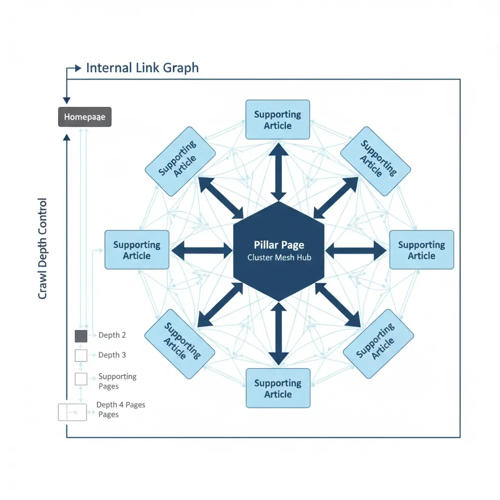 Internal Linking Architecture diagram showing graph-based authority distribution, hub topology, and crawl depth modeling at enterprise scale
