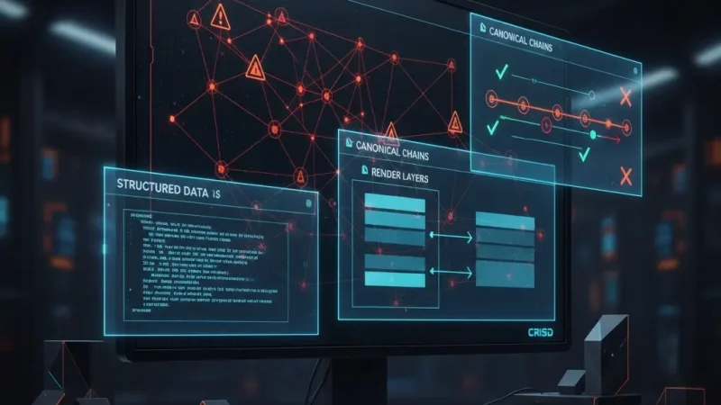 Technical SEO implementation mistakes across crawl, render, index, and signal layers visualized in a CRISD framework dashboard