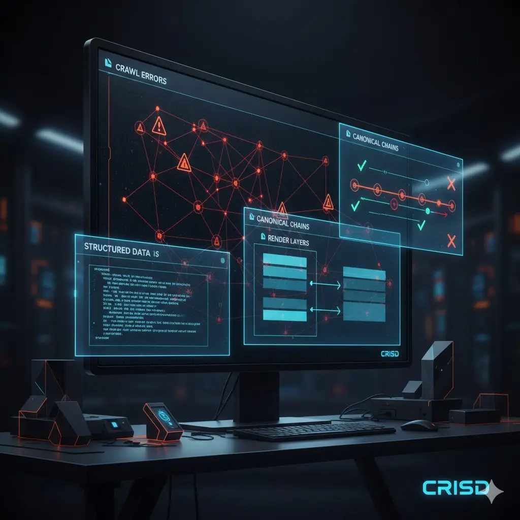 Technical SEO implementation mistakes across crawl, render, index, and signal layers visualized in a CRISD framework dashboard