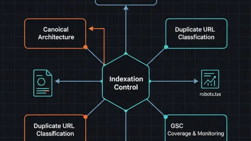 Technical SEO Indexation Control framework diagram showing canonical rules, noindex directives, duplicate URL classification, and template governance.
