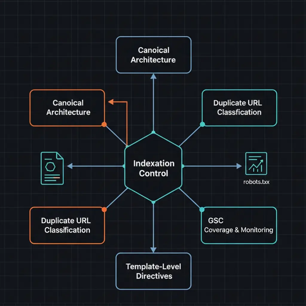 Technical SEO Indexation Control framework diagram showing canonical rules, noindex directives, duplicate URL classification, and template governance.