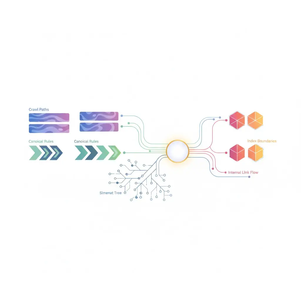 Blueprint-style illustration of a website architecture system showing crawl path engineering, indexation boundaries, and internal link equity flow as connected modules.