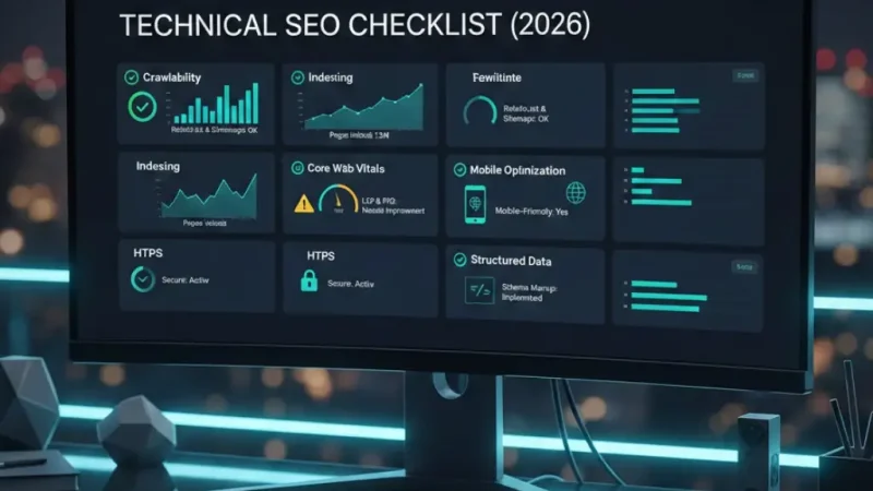 Technical SEO checklist dashboard showing crawlability, indexing, Core Web Vitals, mobile optimization, HTTPS, and structured data audit sections