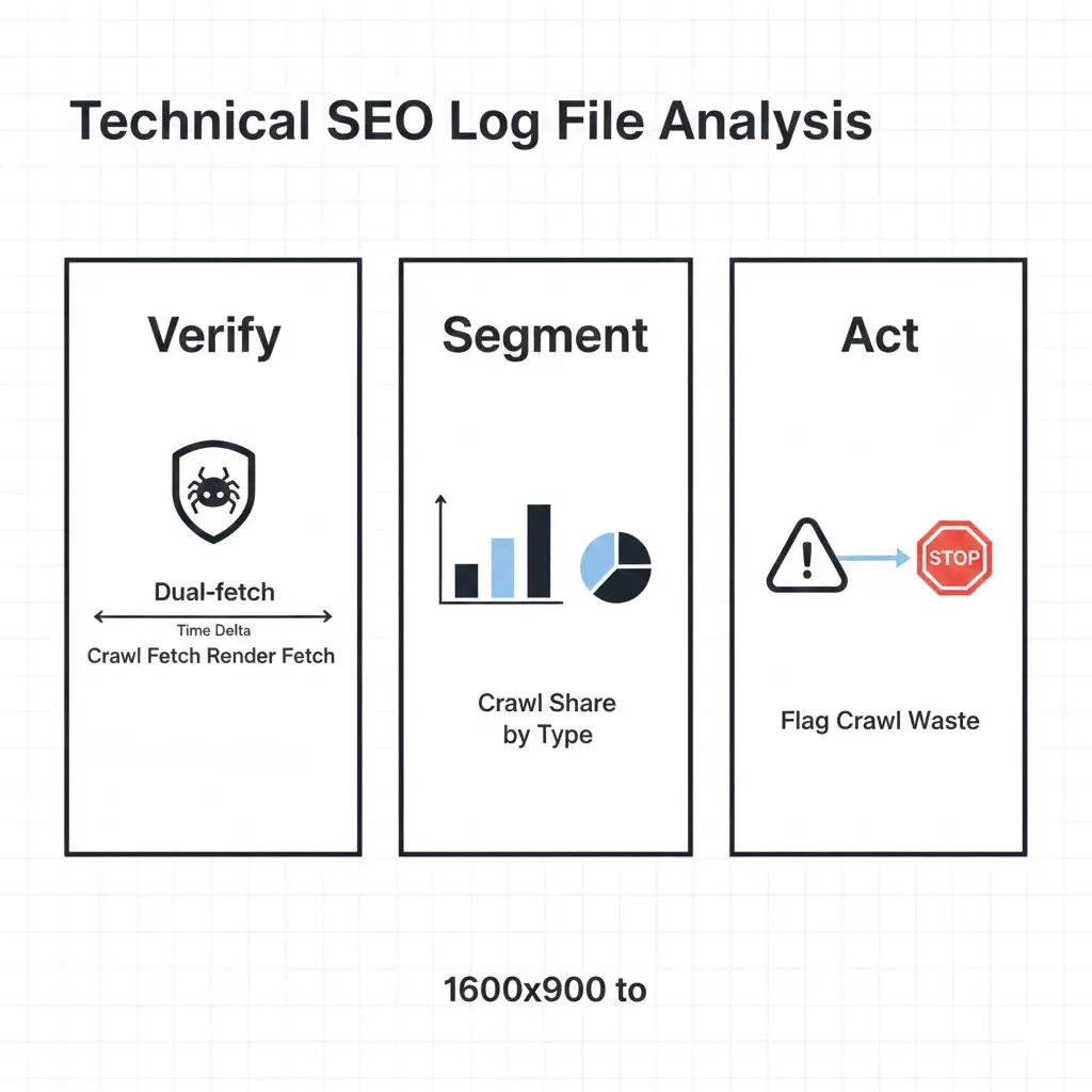 Technical SEO Log File Analysis: Googlebot crawl segmentation, render-fetch detection, crawl waste attribution