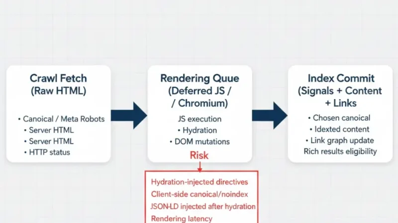 Technical SEO Rendering Architecture showing crawl, render, and index pipeline separation
