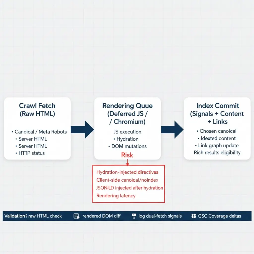 Technical SEO Rendering Architecture showing crawl, render, and index pipeline separation