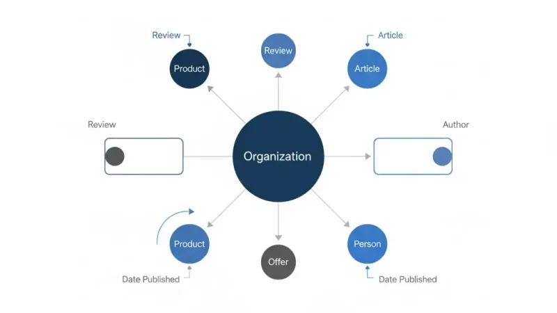 Schema markup architecture diagram showing entity relationships and structured data hierarchy