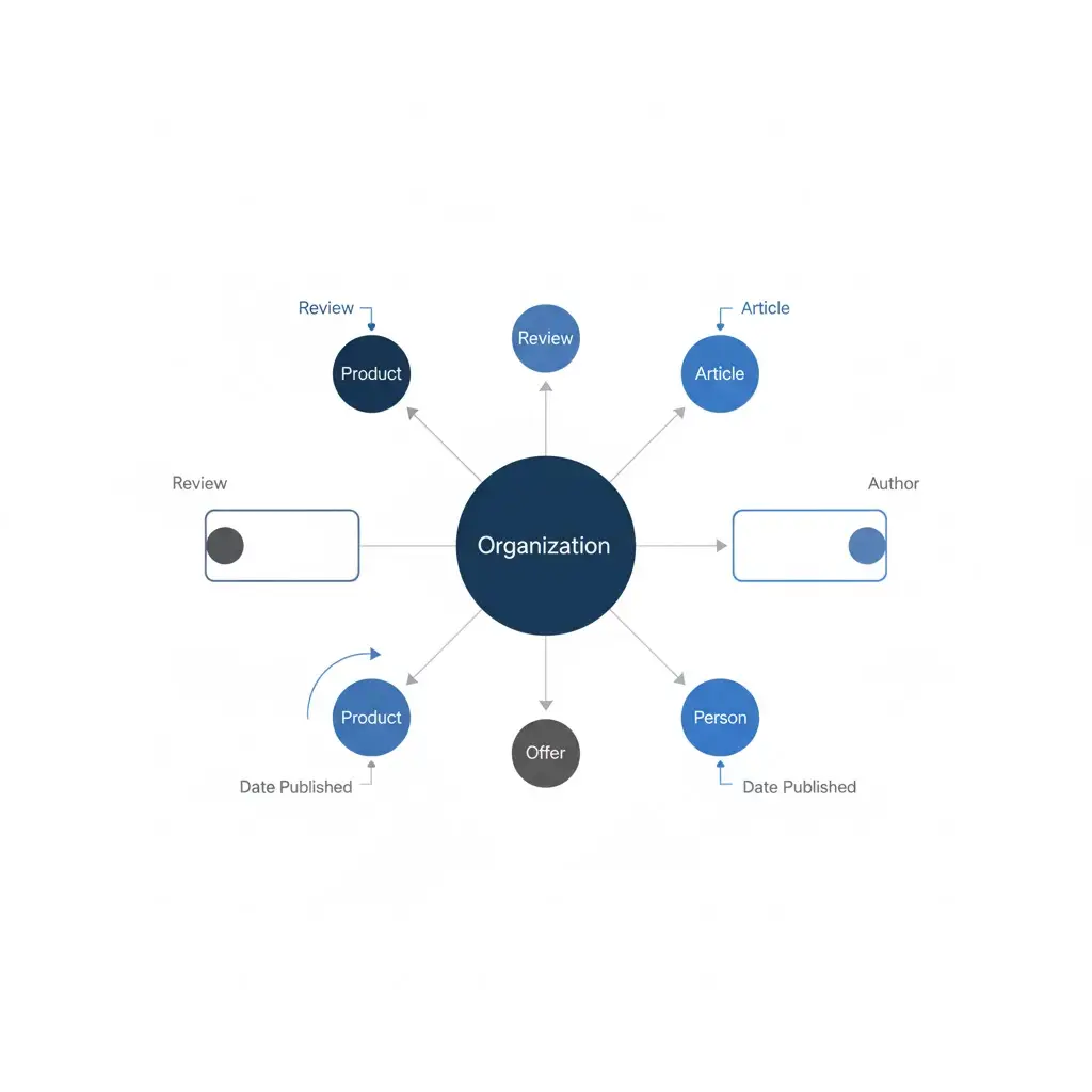 Schema markup architecture diagram showing entity relationships and structured data hierarchy