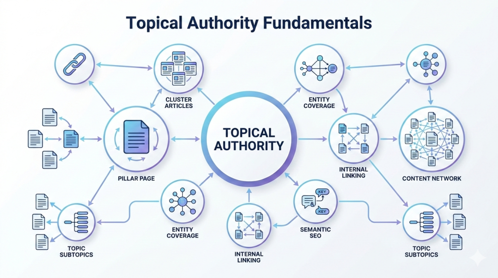 topical authority fundamentals SEO content cluster diagram