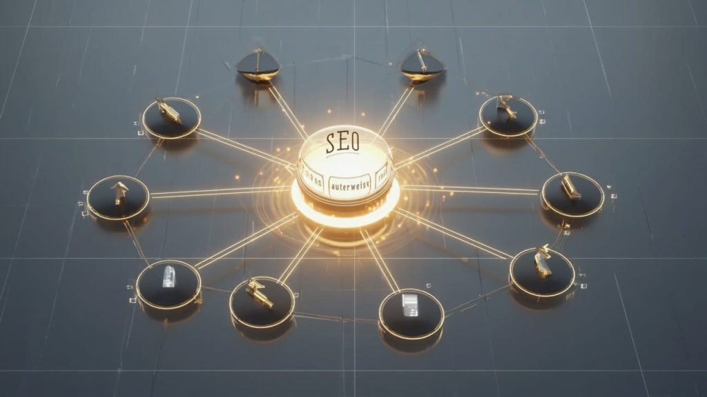 Authority cluster design showing hub-and-spoke internal linking architecture
