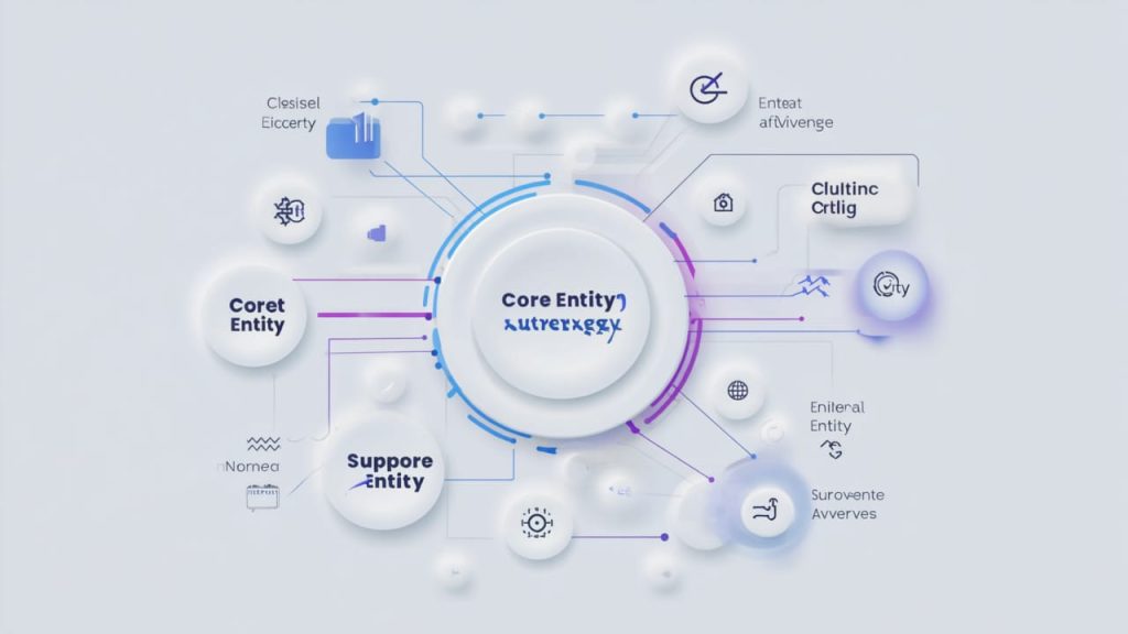 Entity coverage strategy diagram showing entity relationships across a topical authority content cluster