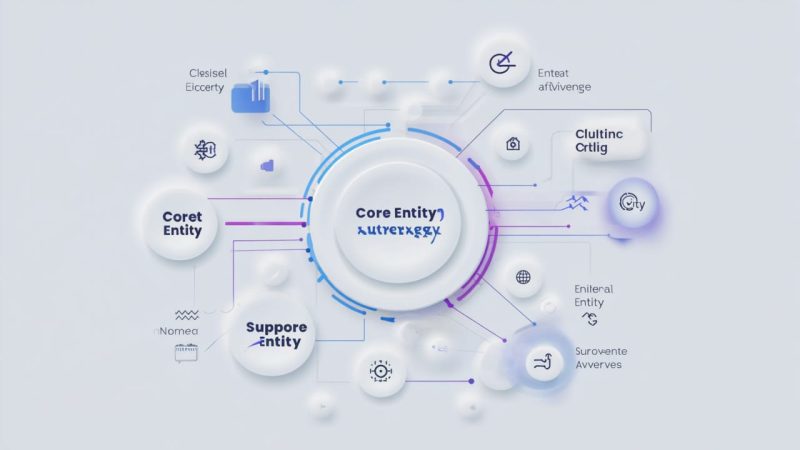 Entity coverage strategy diagram showing entity relationships across a topical authority content cluster