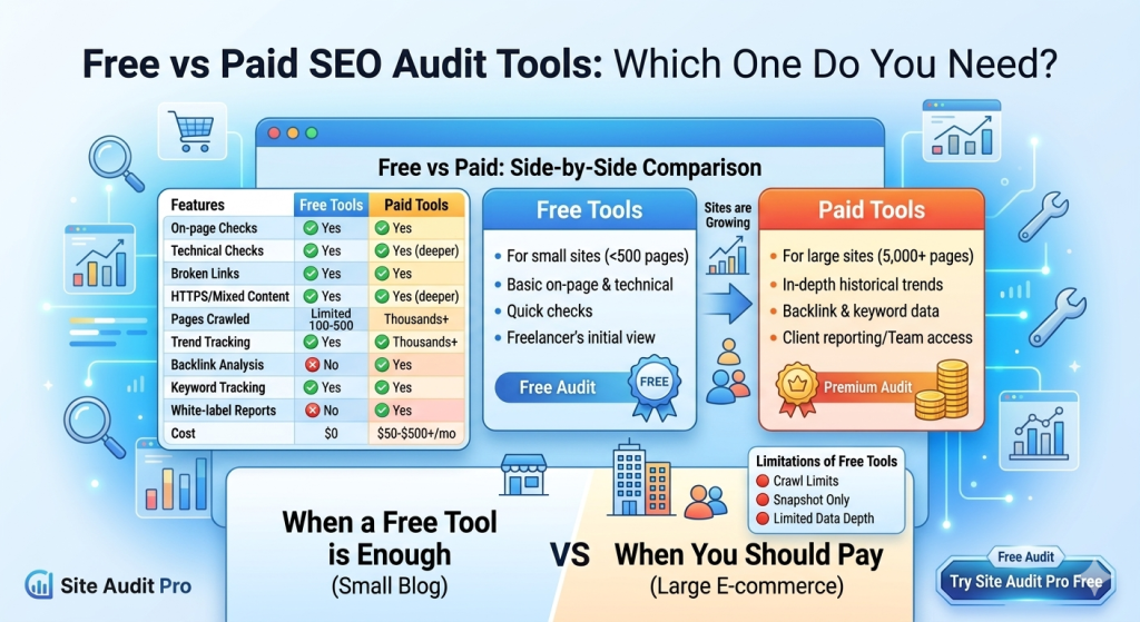 Split illustration comparing free and paid SEO audit tools side by side