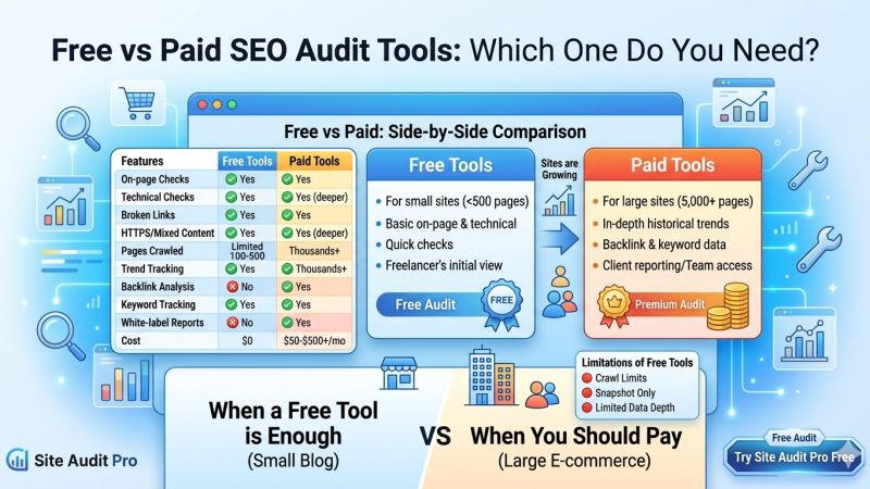 Split illustration comparing free and paid SEO audit tools side by side