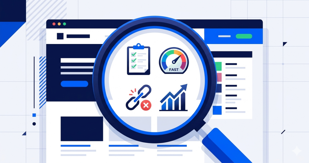 How to Do an SEO Audit Step by Step Seven-step SEO audit process shown as a visual workflow diagram