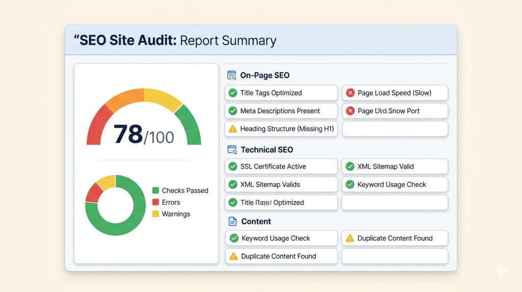 SEO audit checklist dashboard showing website health checks by category on a laptop screen