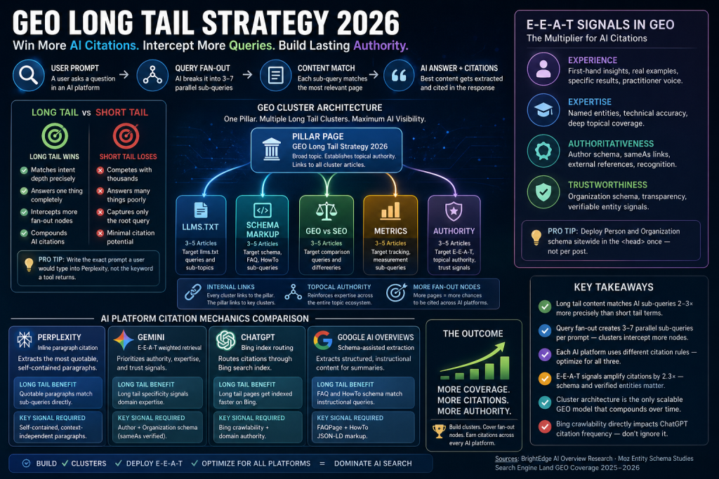 GEO long tail keyword strategy diagram showing cluster structure