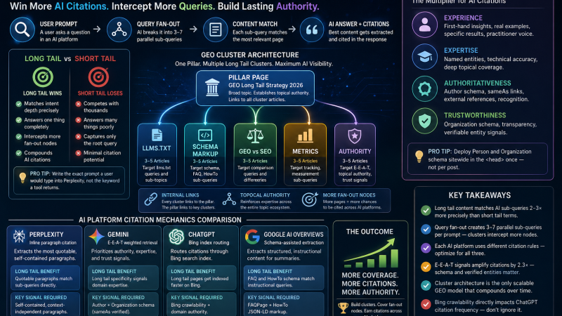 GEO long tail keyword strategy diagram showing cluster structure